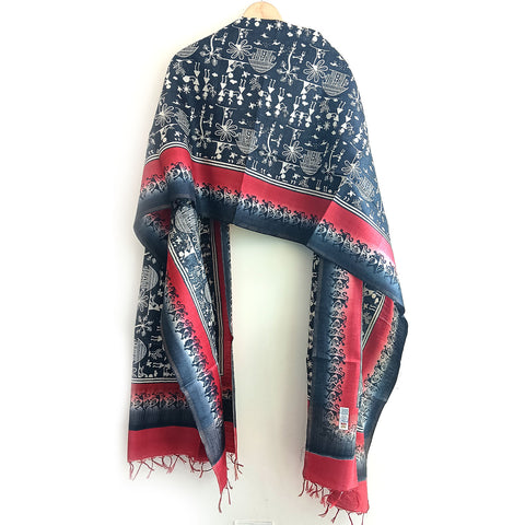 Women's Pure Kosa Silk Stole Adorned with Bastar Tribal Art Hand Paintings With Natural Color