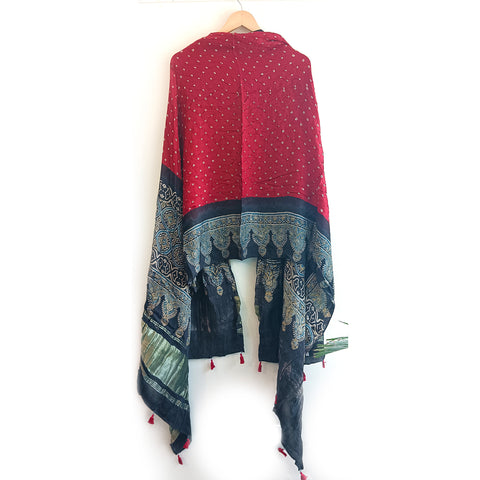 Kutch Bandhani Tie-Dye Modal Silk Ajrakh Block Printing Dupatta With Zari: An Artistic Fusion of Heritage and Style