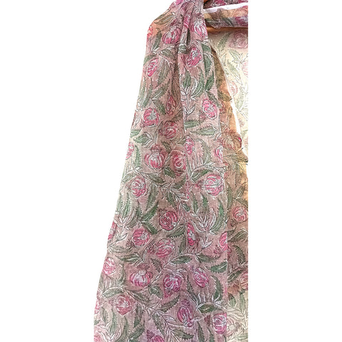 Kota Doria Cotton Silk White Base and Pink Floral Hand Block Printed Duptta