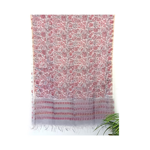 India Scarves Bagru Hand Block Floral kota Doria silk cotton Pink and White Dupatta