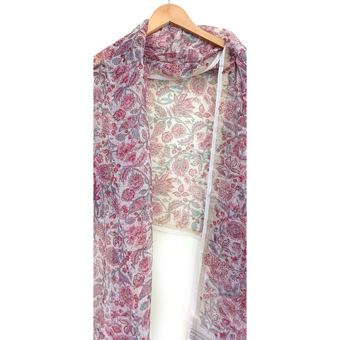 India Scarves Bagru Hand Block Floral kota Doria silk cotton Pink and White Dupatta