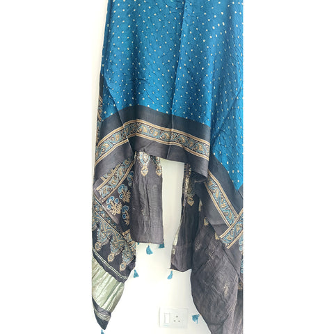 Azure Beauty: Modal Silk Dupatta Adorned with Ajrak Bandhani Masterpiece