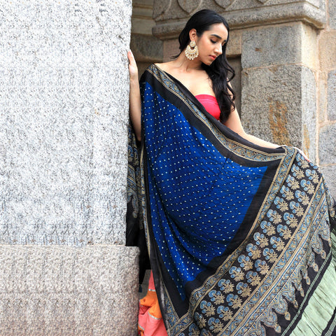 Azure Beauty: Modal Silk Dupatta Adorned with Ajrak Bandhani Masterpiece