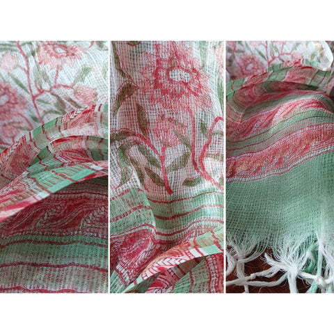 Kota Doria Cotton Silk Floral Pink and Green Color Hand Block Printed Duptta