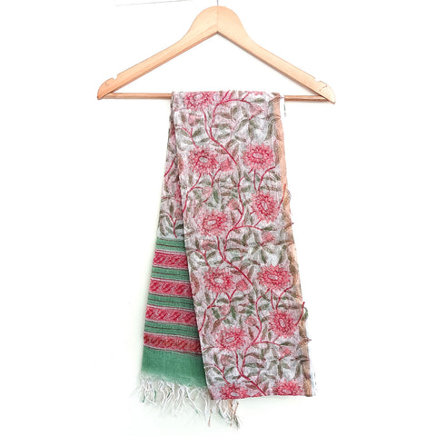 India Scarves Bagru Hand Block Floral kotadoriya silk cotton Pink and Green Colour Dupatta