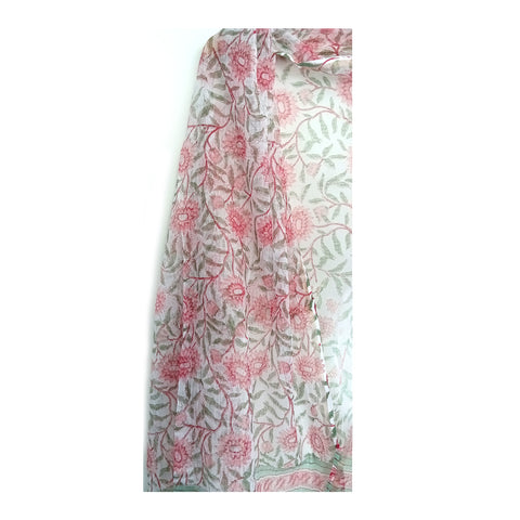 India Scarves Bagru Hand Block Floral kotadoriya silk cotton Pink and Green Colour Dupatta