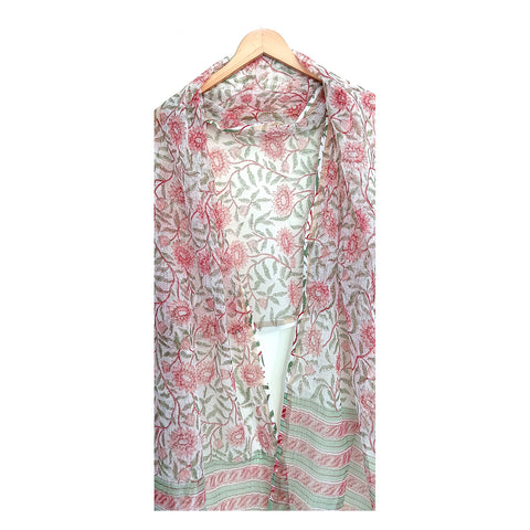 Kota Doria Cotton Silk Floral Pink and Green Color Hand Block Printed Duptta