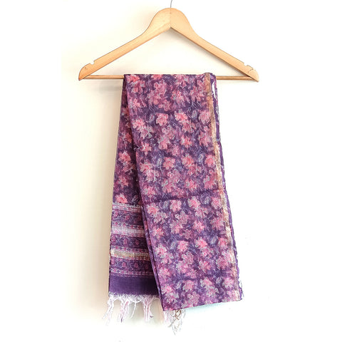Kota Doria Cotton Silk White Base and Purple Floral Hand Block Printed Duptta