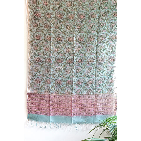 Kota Doria Cotton Silk Teal base Hand Block Printed Duptta with Pink and Green Flowers