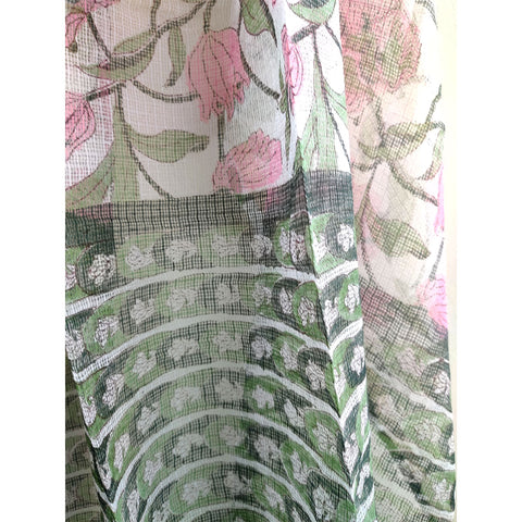 India Scarves Bagru Hand Block Floral Kota Doria Cotton Silk White Pink and Green Color Floral Dupatta