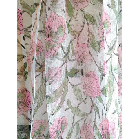 India Scarves Bagru Hand Block Floral Kota Doria Cotton Silk White Pink and Green Color Floral Dupatta