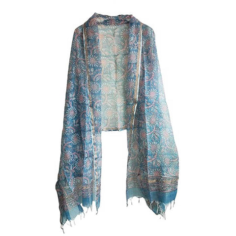 India Scarves Bagru Hand Block Floral Kota Doria Cotton Silk Floral Dupatta( Blue)