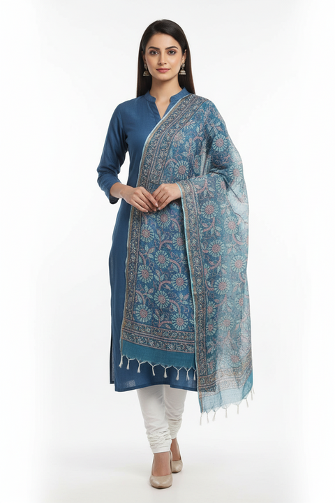 Woman wearing a blue kurta with a matching dupatta on a white background