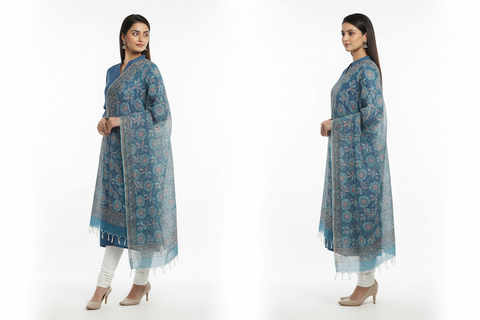 India Scarves Bagru Hand Block Floral Kota Doria Cotton Silk Floral Dupatta( Blue)