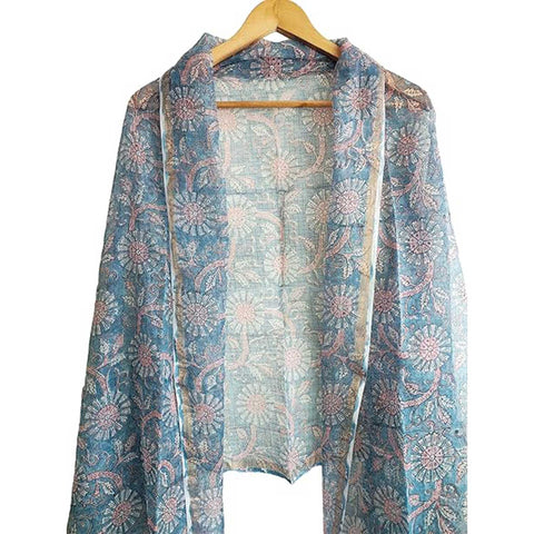 India Scarves Bagru Hand Block Floral Kota Doria Cotton Silk Floral Dupatta( Blue)
