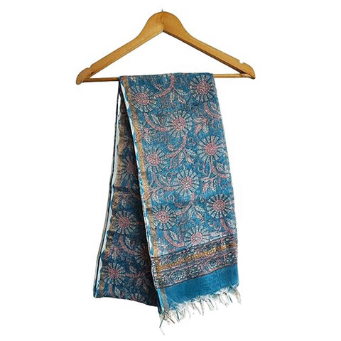 India Scarves Bagru Hand Block Floral Kota Doria Cotton Silk Floral Dupatta( Blue)