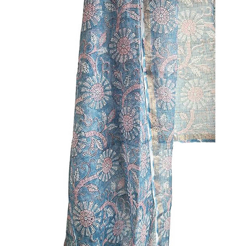 India Scarves Bagru Hand Block Floral Kota Doria Cotton Silk Floral Dupatta( Blue)