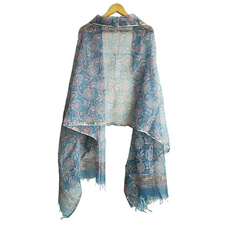 India Scarves Bagru Hand Block Floral Kota Doria Cotton Silk Floral Dupatta( Blue)
