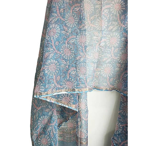 India Scarves Bagru Hand Block Floral Kota Doria Cotton Silk Floral Dupatta( Blue)