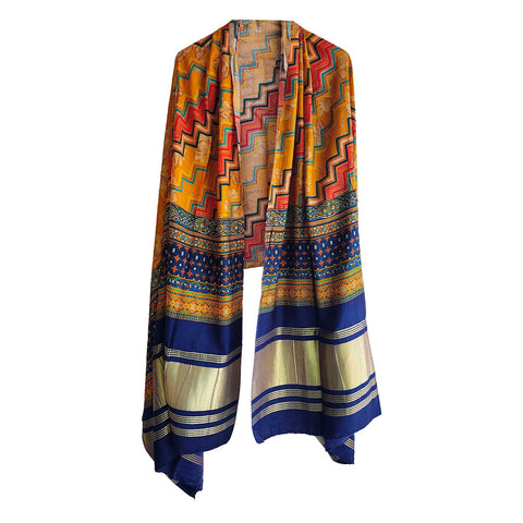 India Scarves Semi Gaji Silk Bandhani Dupatta(Yellow And Blue)