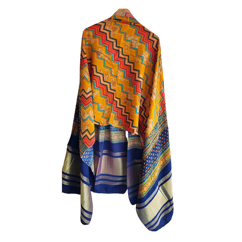 India Scarves Semi Gaji Silk Bandhani Dupatta(Yellow And Blue)