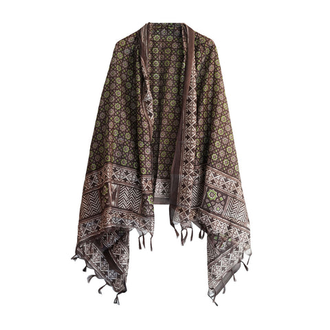 Khadi Cotton Floral Printed Design Dupatta(Brown)
