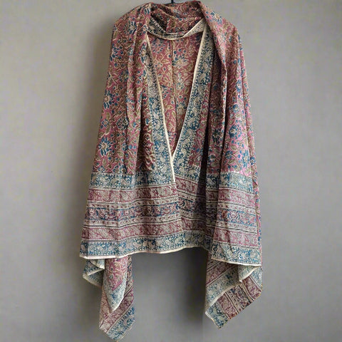 Kalamkari Hand Block Printed Cotton Purple and Blue Floral Dupatta