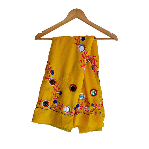 Handcrafted Purple Silk Dupatta with Gold Border, Floral Embroidered Mirror Work, Traditional Indian Scarf