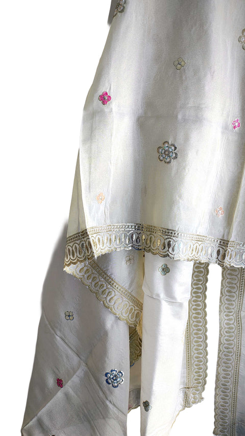Hand-Embroidered Ivory Silk Dupatta with Multicoloured Floral Motifs and Silver Scalloped Border