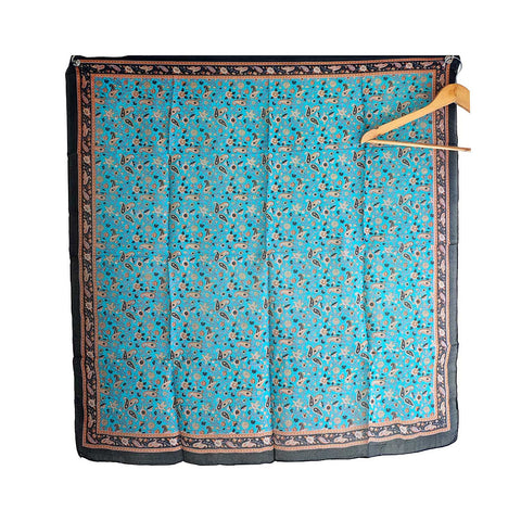India Scarves Floral Paisley Print Silk Scarf, Light Weight Square Neck Wrap,  Border Pattern, 100x100 cm