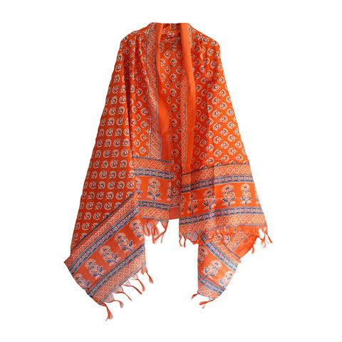 Khadi Cotton Floral Printed Design Dupatta(Orange Coolor)