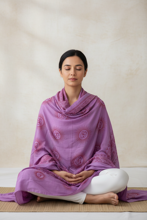 India Scarf Rayon Sarong with Hand-Printed Om Motifs