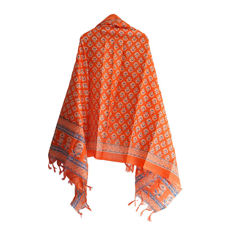 Khadi Cotton Floral Printed Design Dupatta(Orange Coolor)