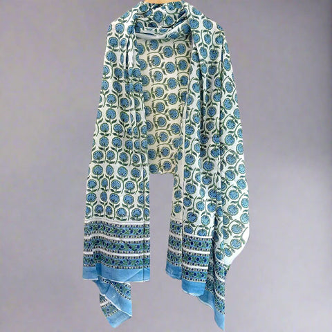 Baagru Hand Block Printed Blue Color Cotton Dupatta 115X225 Cm
