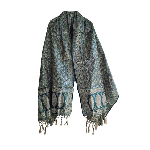 India scarves Banarasi Brocade with Floral Grid, Ornamental Border, and Tassel Finish