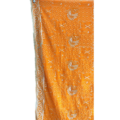 India Scarves Handcrafted Paisley Grid Dupatta in Georgette with Ornate Border Detailing(Mustard Color)