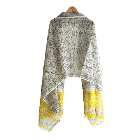 India Scarves Bagru Hand Block Floral kota Doriya silk cotton Dupatta(White Color)