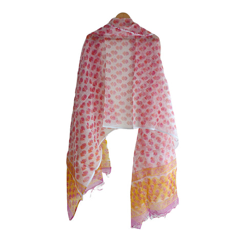 India Scarves Bagru Hand Block Floral kota Doriya silk cotton Dupatta(Pink And Yellow)