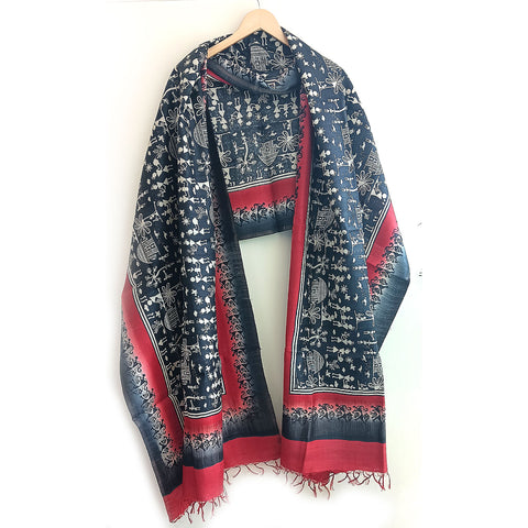 Women's Pure Kosa Silk Stole Adorned with Bastar Tribal Art Hand Paintings With Natural Color