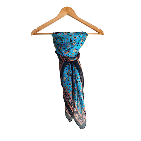 India Scarves Floral Paisley Print Silk Scarf, Light Weight Square Neck Wrap,  Border Pattern, 100x100 cm