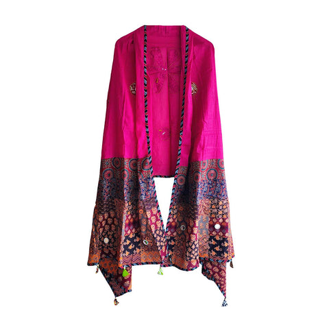 India Scarves Ajrakh Applique Patchwork Cotton Dupatta(Magenta Pink )