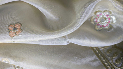 Hand-Embroidered Ivory Silk Dupatta with Multicoloured Floral Motifs and Silver Scalloped Border