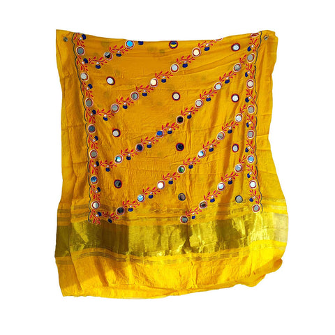 Handcrafted Purple Silk Dupatta with Gold Border, Floral Embroidered Mirror Work, Traditional Indian Scarf