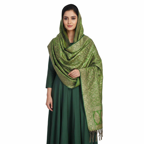 India scarves Banarasi Brocade with Floral Grid, Ornamental Border, and Tassel Finish