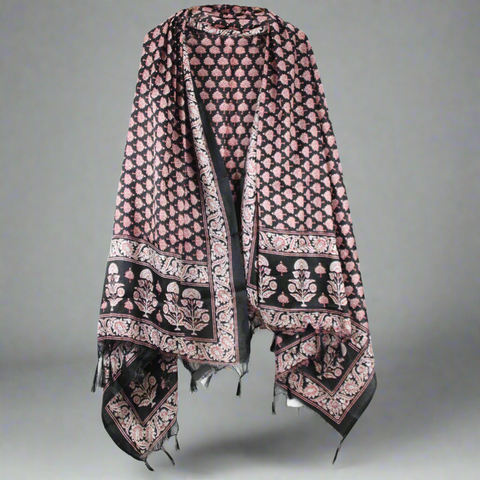 Khadi Cotton Silk Black and Red Tree Print Dupatta