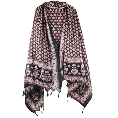 Khadi Cotton Silk Black and Red Tree Print Dupatta