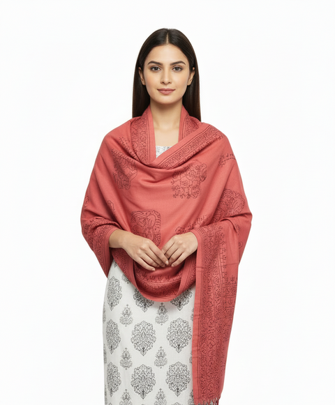 Woman wearing a pink shawl with intricate patterns on a white background