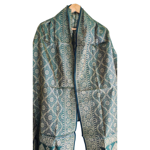 India scarves Banarasi Brocade with Floral Grid, Ornamental Border, and Tassel Finish