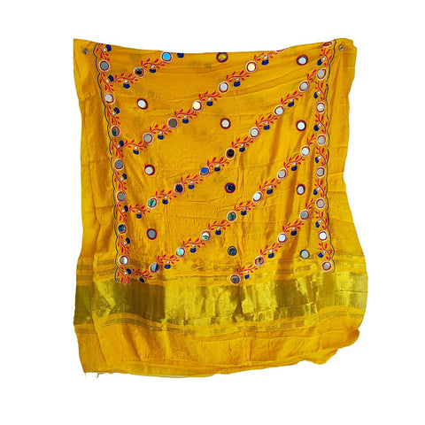 Handcrafted Purple Silk Dupatta with Gold Border, Floral Embroidered Mirror Work, Traditional Indian Scarf