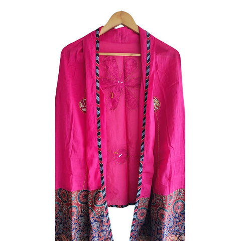India Scarves Ajrakh Applique Patchwork Cotton Dupatta(Magenta Pink )